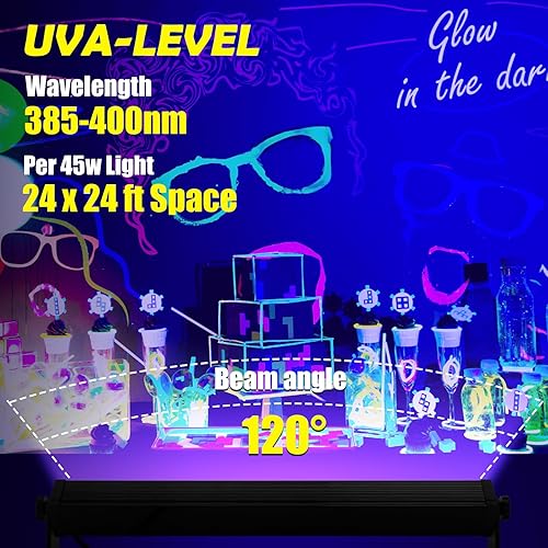 Miniatura 9 de Luz negra de 45 W, barra de luz negra LED con cable de 6.6 pies, brilla en la oscuridad de 28 x 28 pies, para fiesta brillante, decoración de neón,