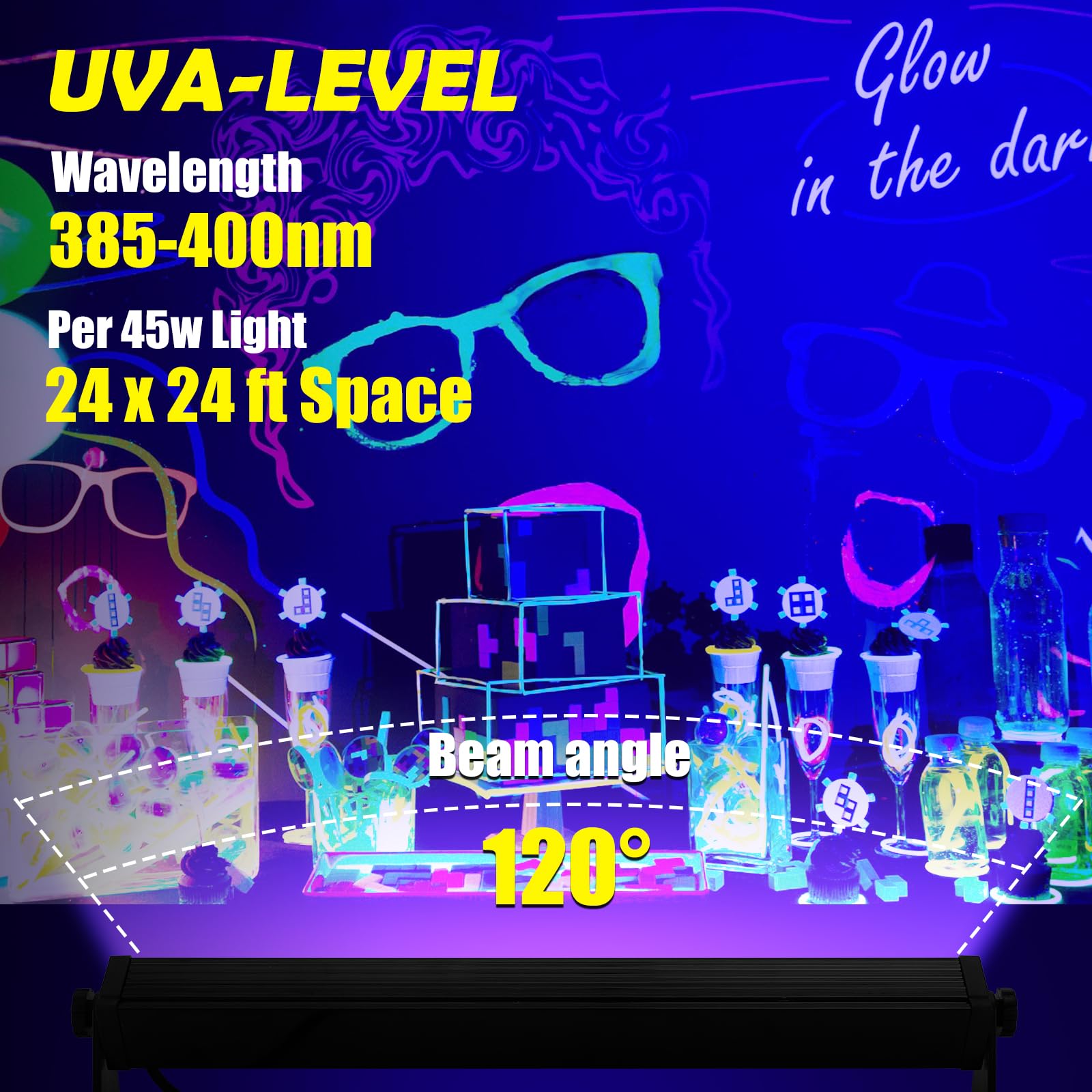NEWREACH 45W Black Light, LED Blacklight Bar with 6.6ft Cord, Glow in The Dark Light Up 28x28ft, for Glow Party, Neon Decoration, Body Paint, Fluorescent Poster, Birthday, Halloween, Bedroom