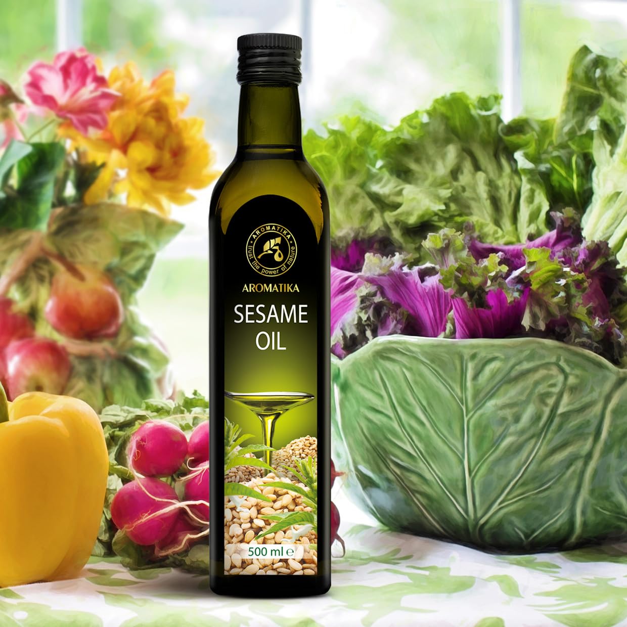 Huile de Sésame 500ml - Comestible - Pressée à Froid - Huile de Sésame pour Alimentation et la Santé - Sesamum Indicum - Pure & Naturelle