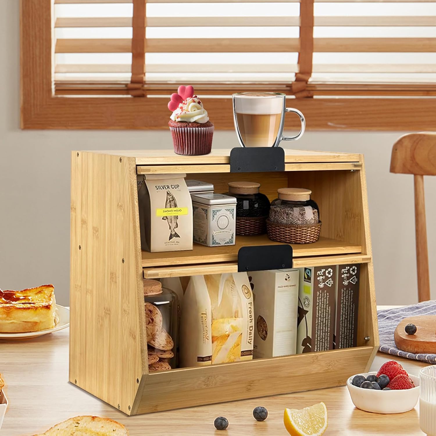 Thick&Thin Bread Box for Kitchen Countertop, Wooden Bread Storage For Kitchen Organizers, Large Capacity With Window Homemade Bread Bin, Double Layer Corner Bread Box