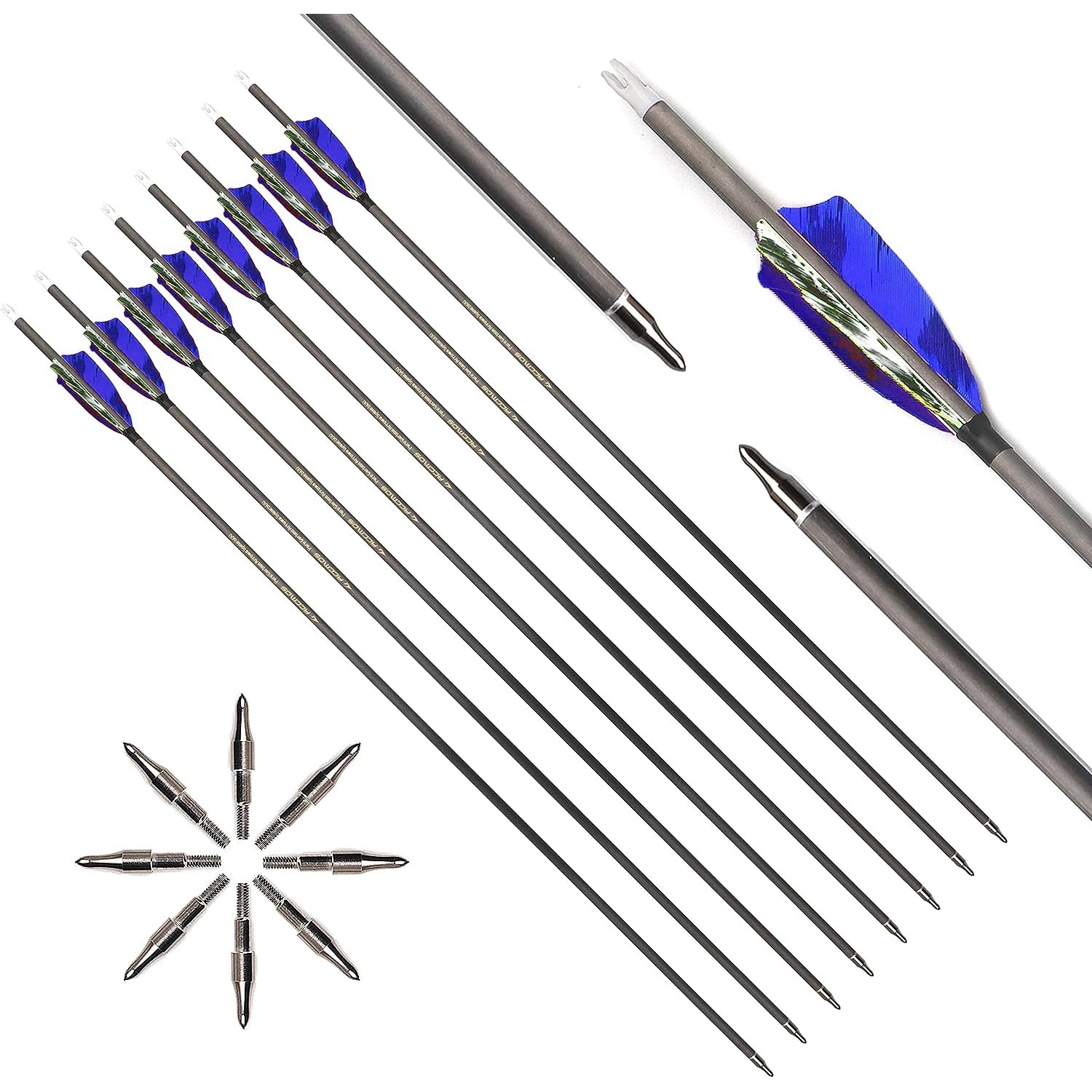 6pc 31-Inch 300-Spine Arrow Removable Tips Targeting Hunting Arrow 3" Turkey Feather Feathered Carbon Arrows for Traditional Bow Long-Bow Recurve Bow Compound Bow Adult Youth Archery Camo Blue A2