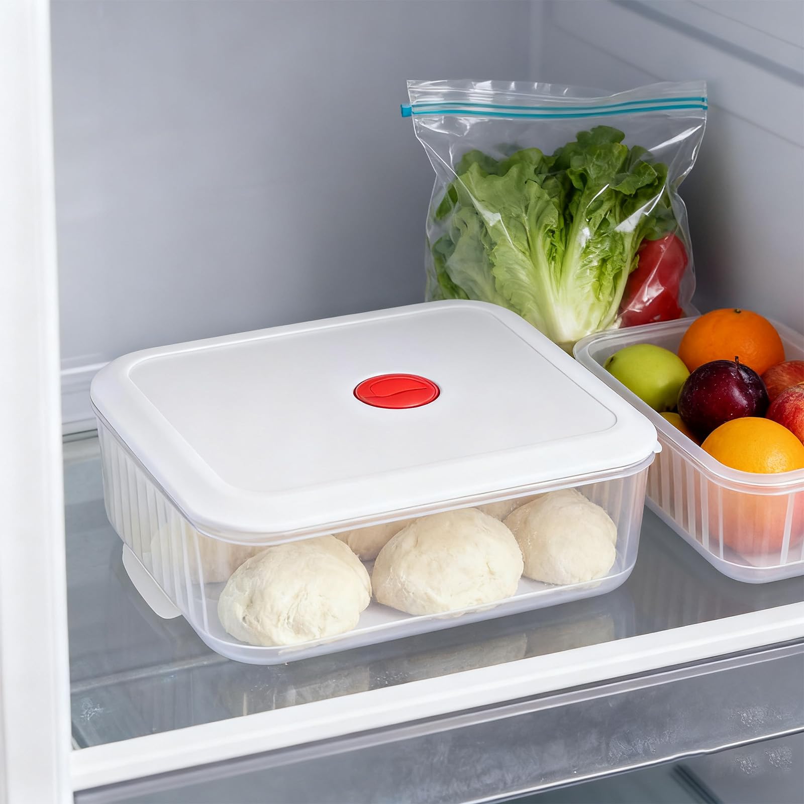 Pizzateig Box mit Deckel 31 x 23 x 9 cm, Backset mit 3 Helfern | Transparenter Teigbehälter zeigt die Teigentwicklung und ergänzt das Vorbereiten von Pizza oder Brot mit drei Backhelfern.