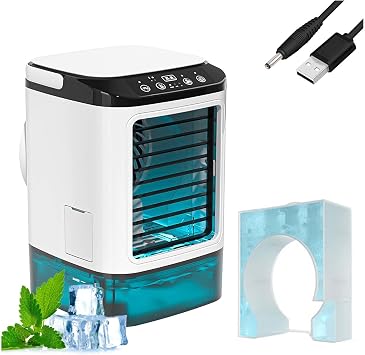 Cooling Fan with Ice Box and Mist Function 2024 Upgraded Cooling Sensation, 4 in 1 Device Compact Air Conditioner, Quiet Noise Reduction, 900ML Water Tank, 3 Levels of Wind Speed, 7 Color LEDs, Air