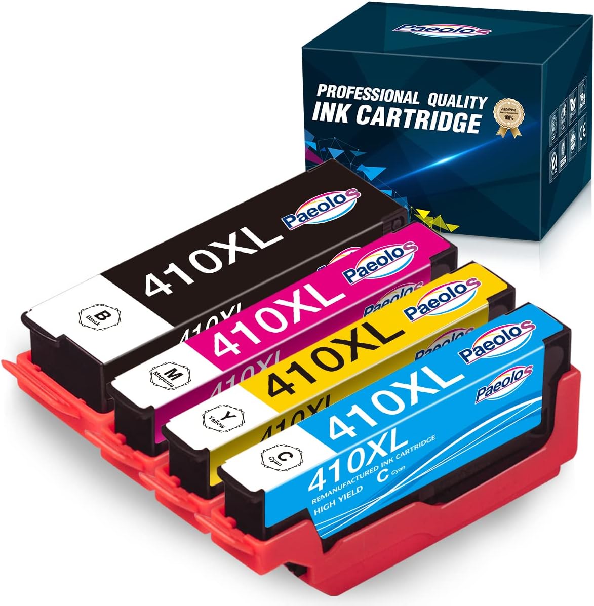 New Product Remanufactured 410XL Ink Cartridge Replacement for Epson 410 T410 T410XL for Expression XP-630 XP-830 XP-7100 XP-640 XP-530 XP-635 Printer, 4 Packs by Paeolos（Black, Yellow, Cyan, Magenta）