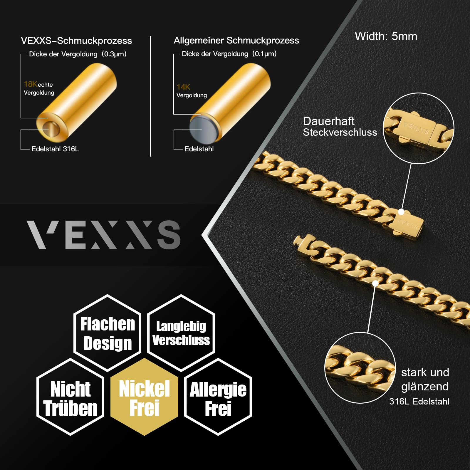 VEXXS Armband Herren 5/7mm,Kubanische Armbänder Aus 18 Karat/Weißgold Vergoldet Edelstahl Armkette Herren, Panzerarmband für Männer,Schmuck Geschenk