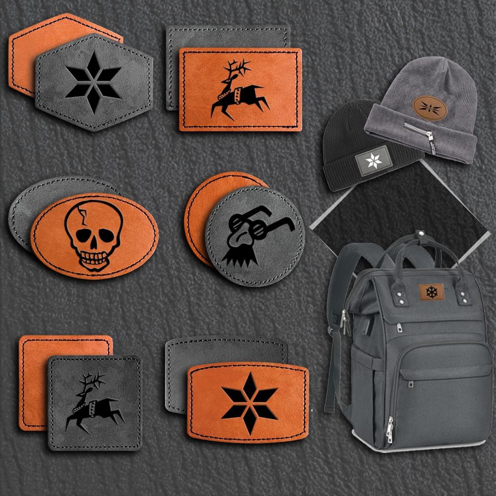 134 Pcs 6 Types of Shape Custom Logo Blank Rustic Hat Leather Patch with Adhesive,Iron on Heat Press Laser Engraving Repair Sew for Cowboy Cap Faux Leatherette Patch (134-6T-Khaki+Grey)