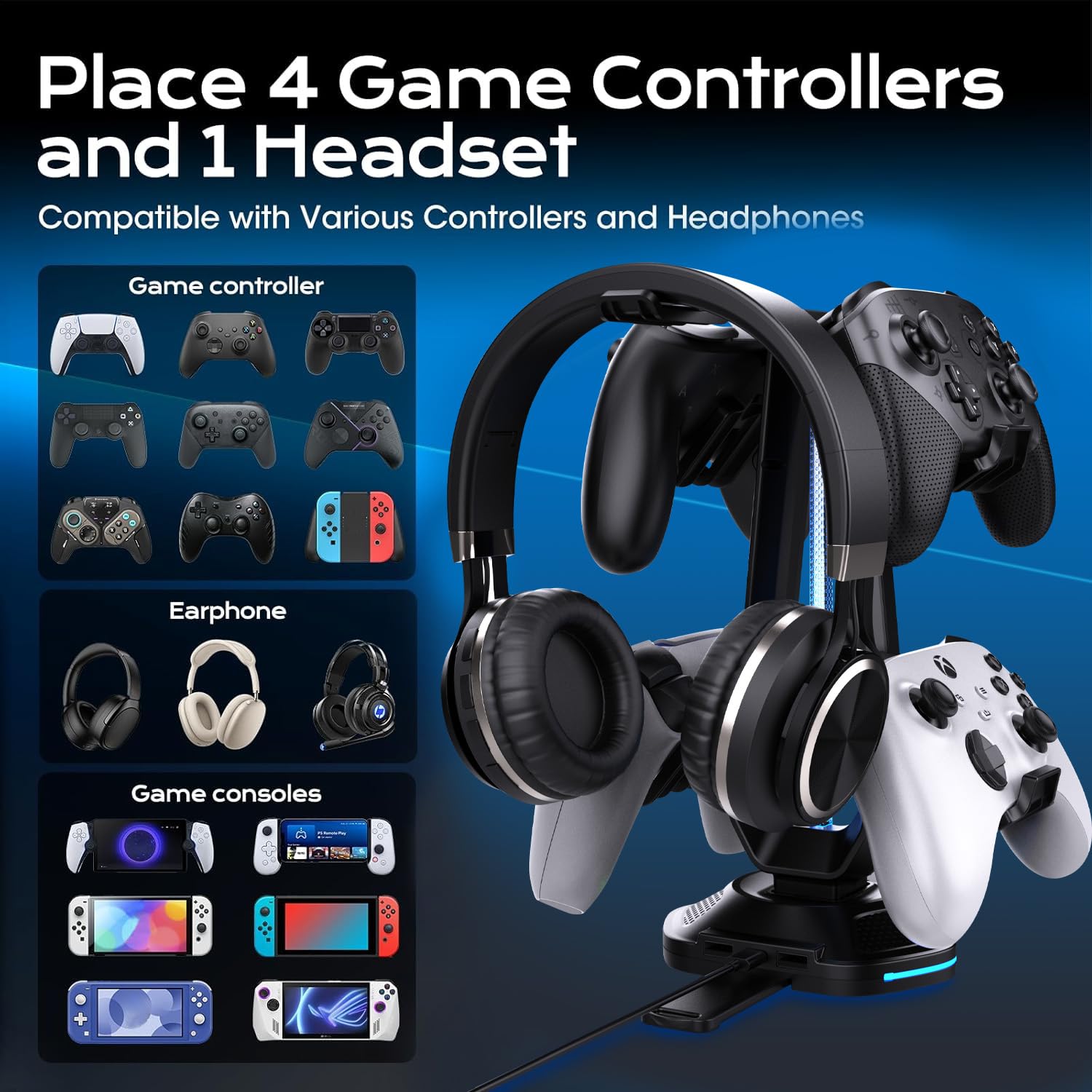 Soporte RGB para auriculares con 9 modos de luz y 2 puertos de carga USB, soporte de controlador para escritorio, soporte para auriculares y gancho de controlador desmontable para accesorios