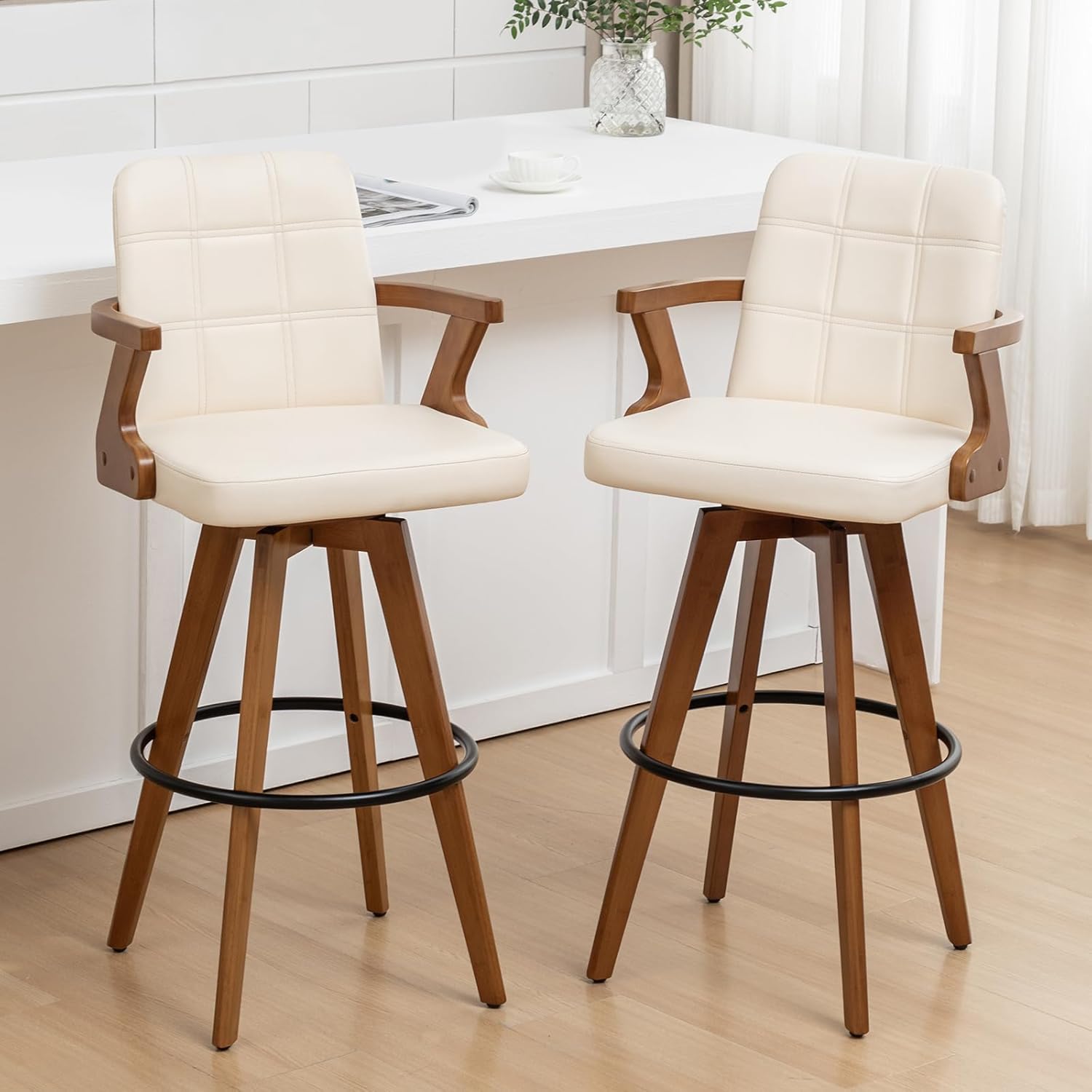 Swivel Counter Stools Set of 2 - 26.7 inch Mid Century Counter Stools with Back and Arms, Walnut Craftsmanship, Faux Leather Seat, Counter Height Bar Stools for Island/Kitchen (26" Seat Height, Beige)