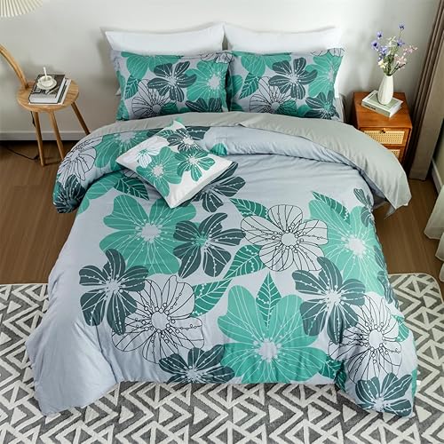 Miniatura 3 de Holawakaka Juego de edredón floral Queen de 6 piezas, ropa de cama en una bolsa, flores verdes impresas en gris, juego de ropa de cama botánica de