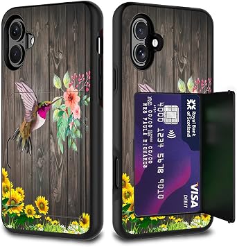 Card Holder Credit Card Wallets Case,Dual Layer Hybrid Shockproof Drop Protection with Kickstand Feature Case for iPhone 17 6.3",Hummingbird and Sunflower