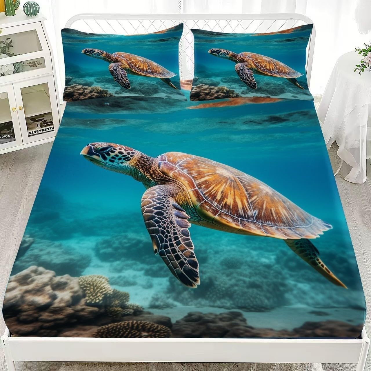 Ocean Single Fitted Sheet Sea Turtle Bed Sheets Deep Pocket 12 inch (30 cm) Soft Cozy 3 Piece Microfibre Bed Sheet 90x190 cm with 2 Pillowcases 50x75 cm
