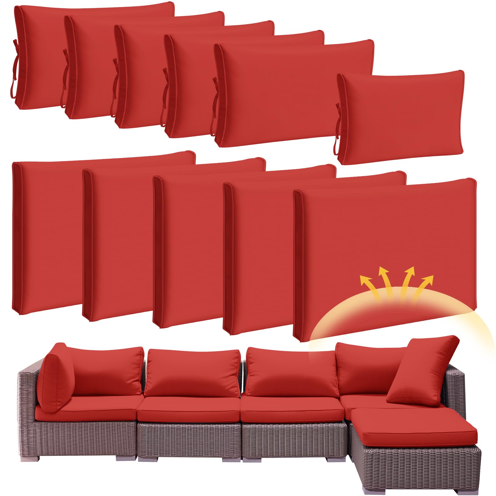 Photo 1 of Patelai 11 Pcs 25.4 x 25.4X 3.54 Inch Waterproof Patio Cushion Covers for Outdoor Sectional Furniture Wicker Rattan Patio Sofa Couch Chair Seat Pillow Slipcovers, 3 Sizes Covers Only (Red)