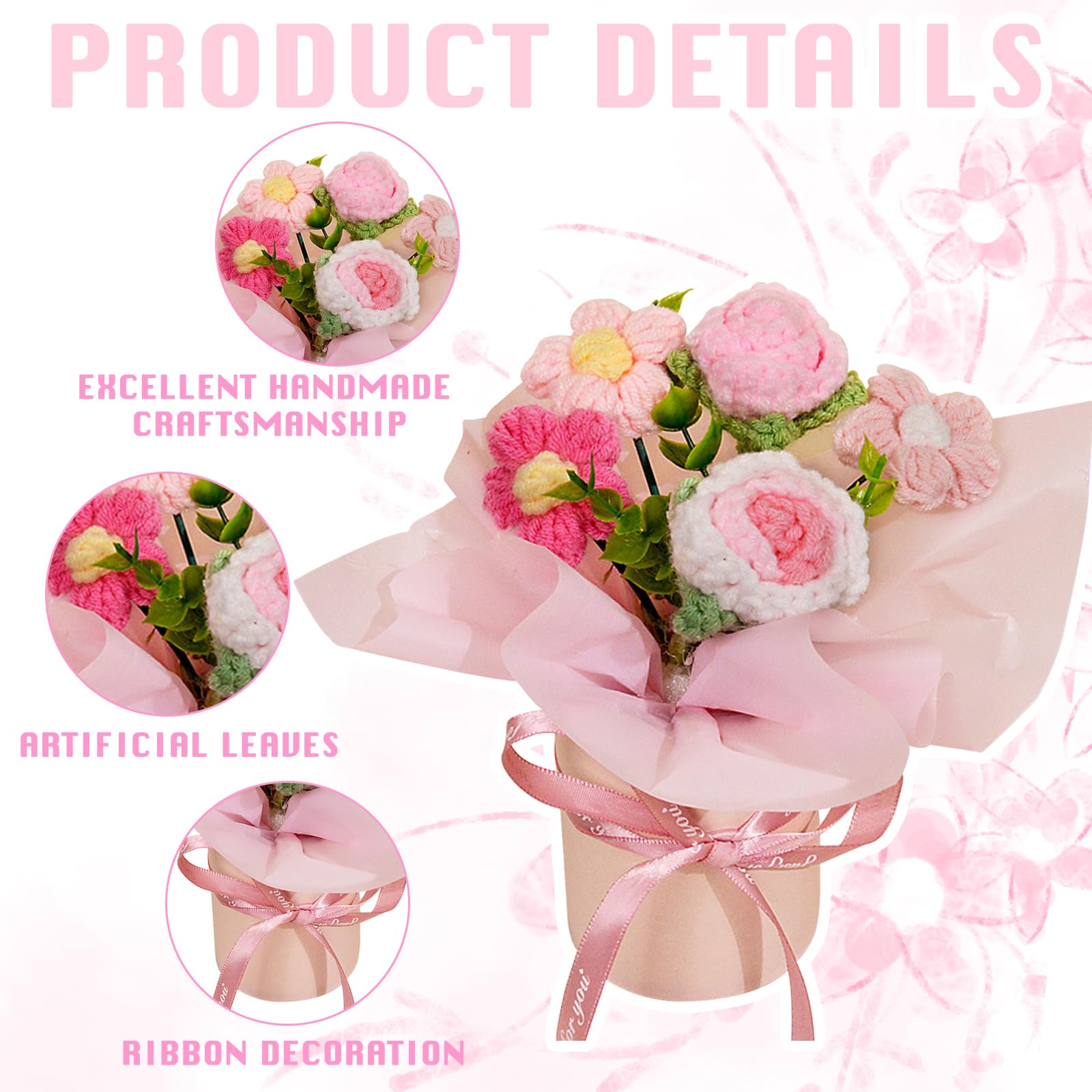 Ramo de Flores Ganchillo, Ramo de Flores de Punto Hecho a Mano, Flores Artificiales para cumpleaños, San Valentín, Regalos de Punto para Madre, Mujeres, Amigas — view 4