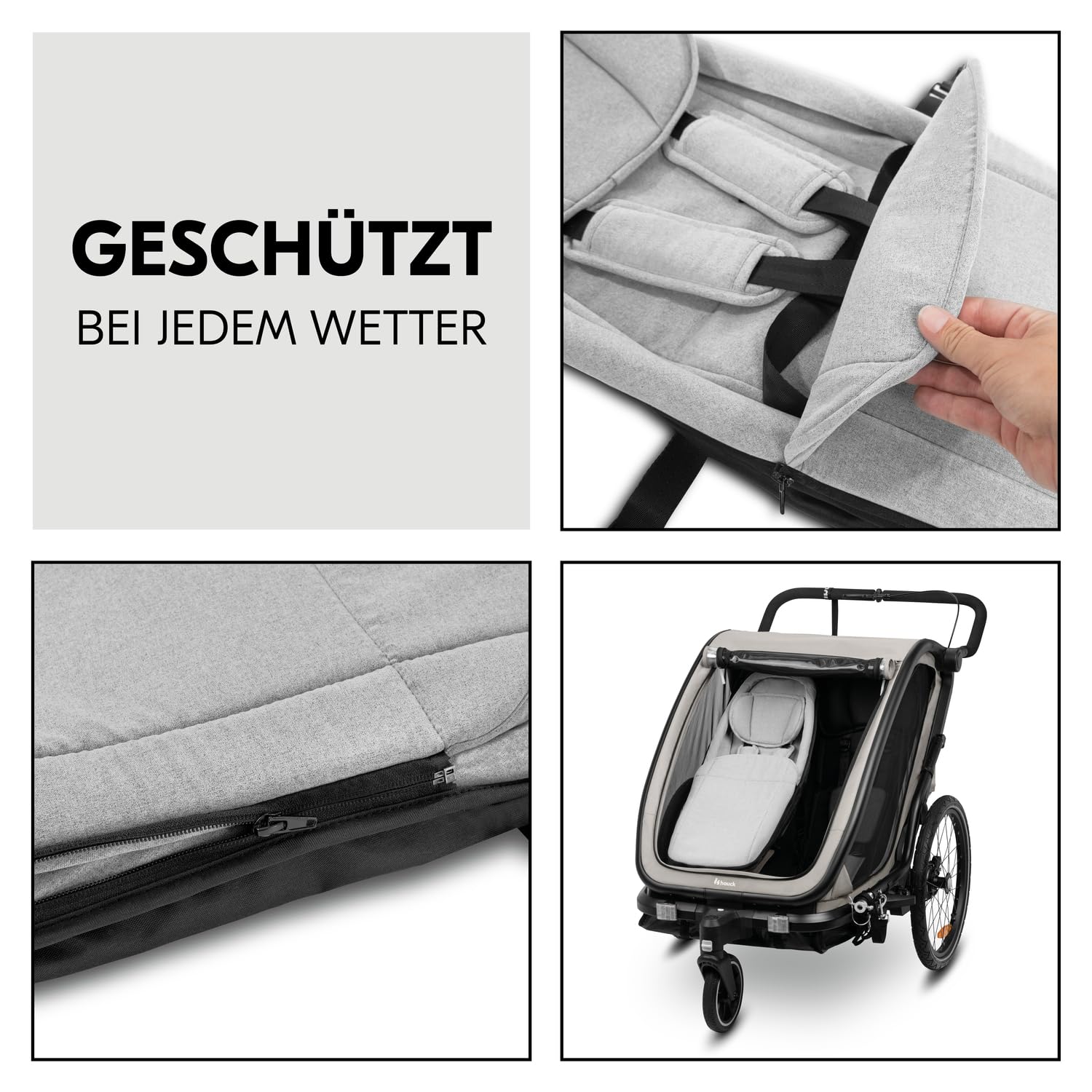hauck Baby Lounger 2, Grey - Babysitz 1-10 Monate Kompatibel nur mit Dryk Duo, Dryk Duo Plus, Bike N Walk Duo Fahrradanhänger, Baby Hängematte mit 5 Punkt Gurt, Beindecke & Kopfpolster