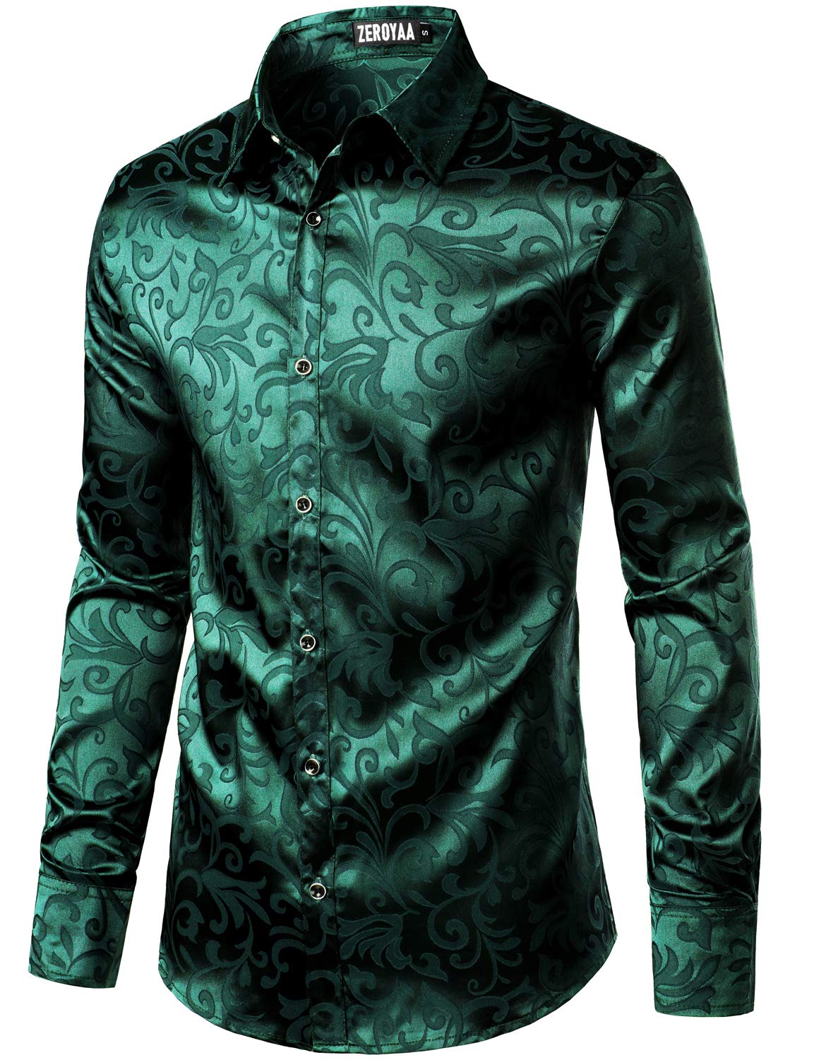 ZEROYAA Mens Luxury Jacquard Long Sleeve Dress Shirt Shiny Satin Slik Like Wedding Party Prom Shirts