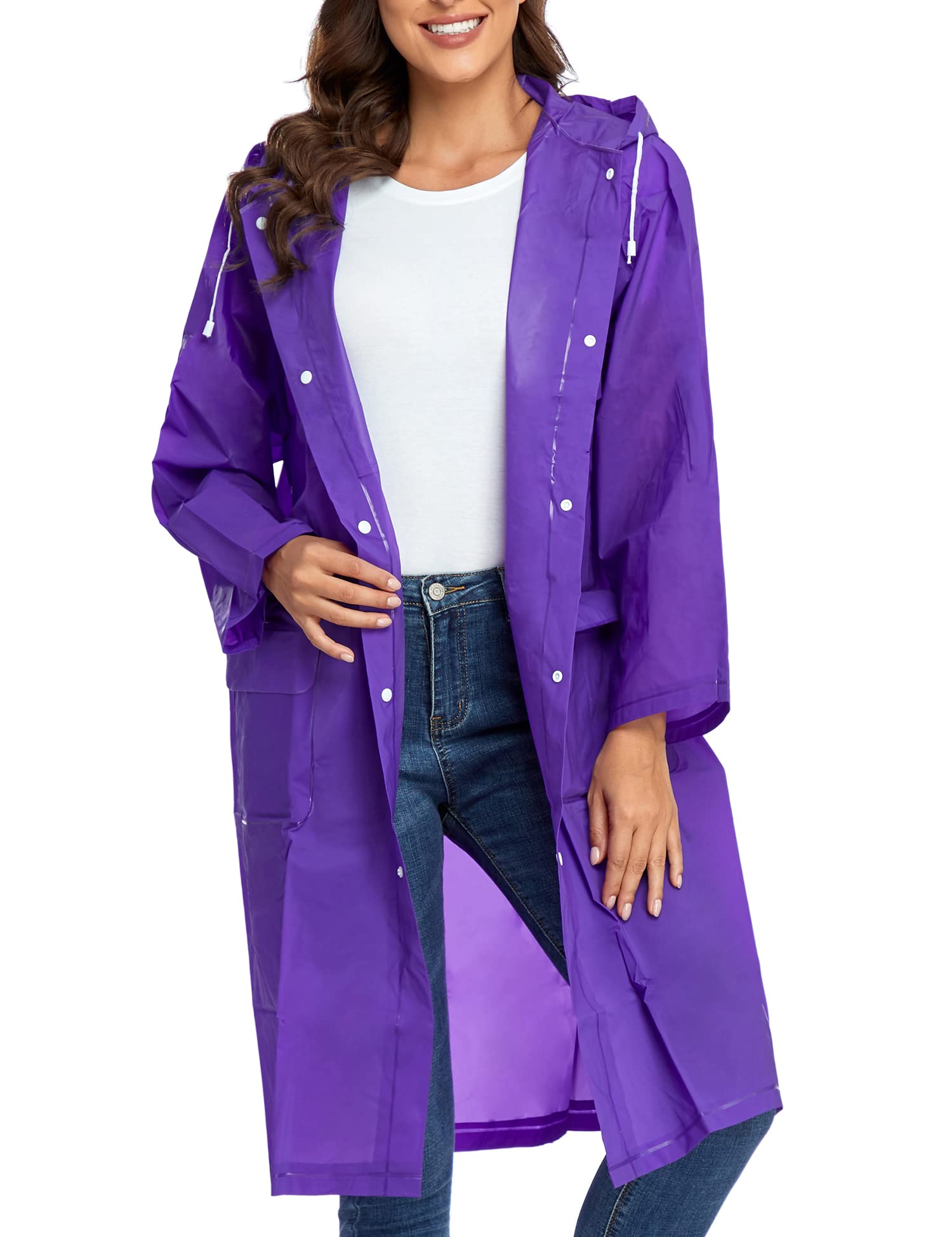 Reusable EVA Rain Poncho for Adults, Unisex Men and Women Hooded Long Clear Raincoat, Purple, XL