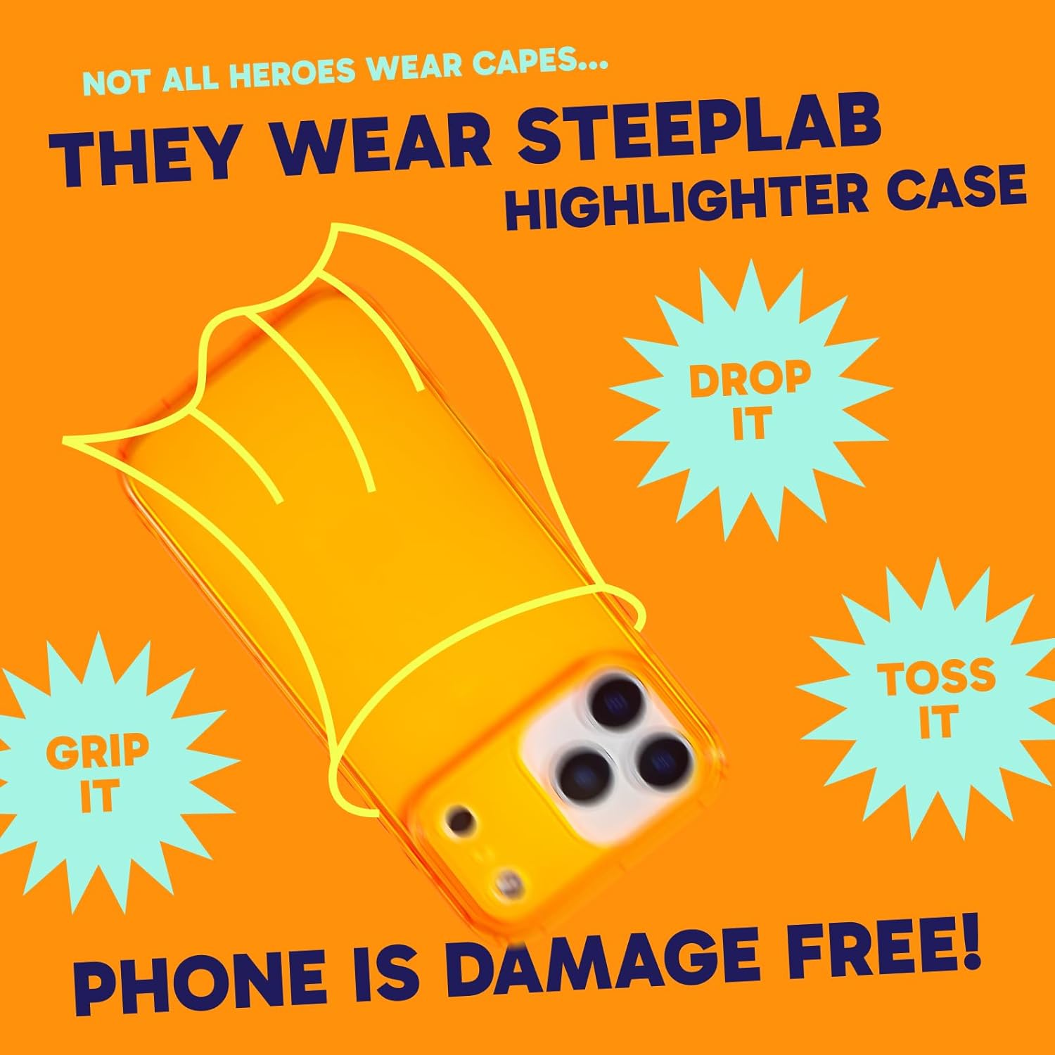 SteepLab Neon Highlighter Case for iPhone 17 Pro - The Grippy Jelly Case w/Protective Air Pockets (Intense Bright Orange)
