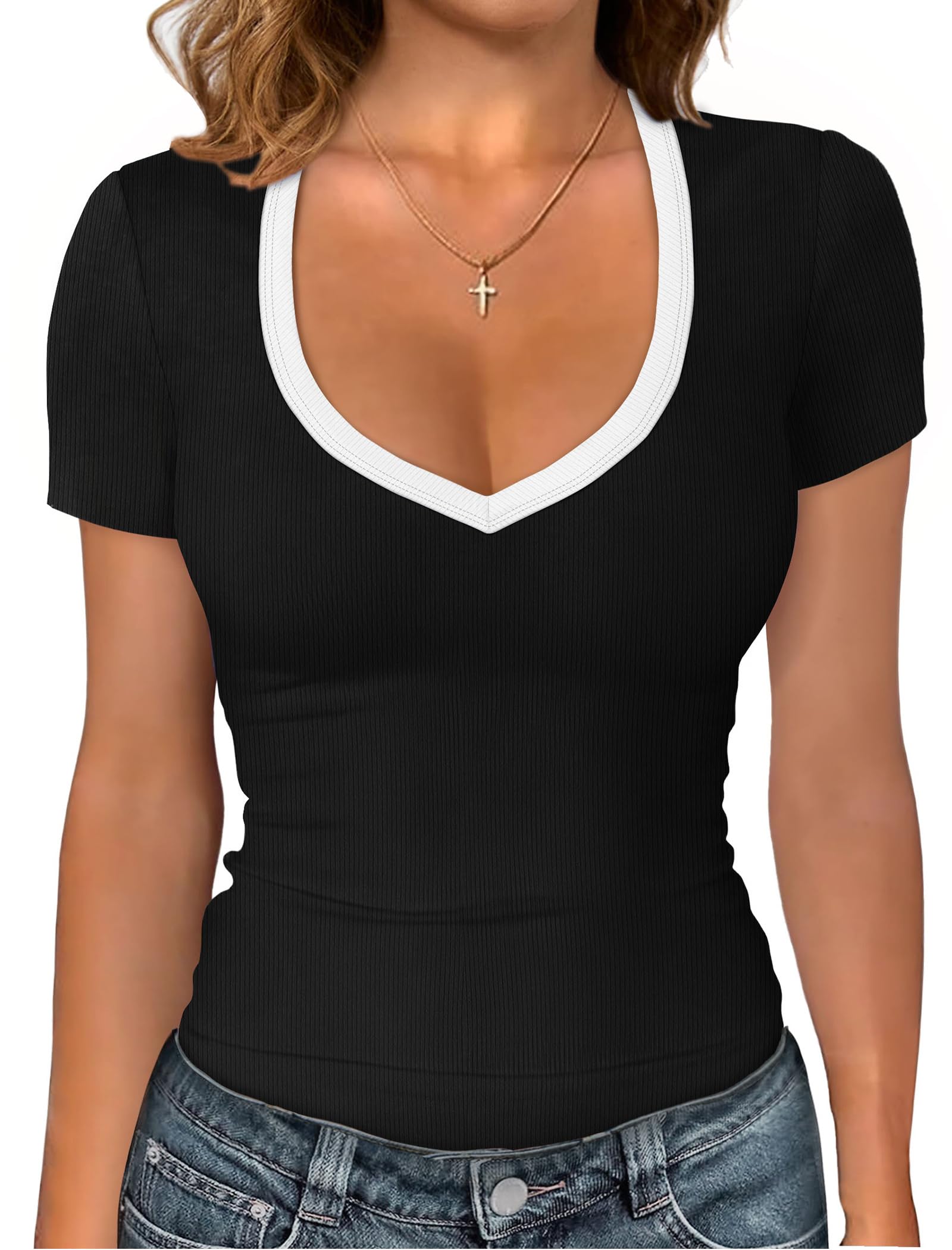 Sampeel Short Sleeve Shirts for Women V Neck Summer Ribbed Tshirts 2026 Slim Fit Spring Fashion Going Out Basic Tees