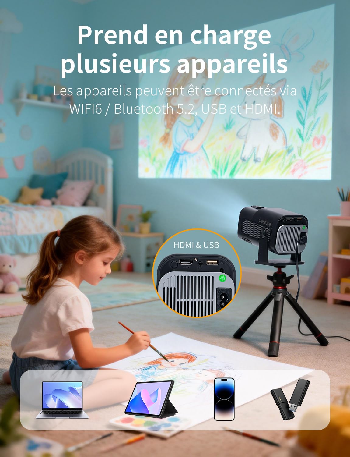 LAIZESKE HY520 Projecteur Artistique pour Dessin et Calquage,Projecteur Intelligent Rotatif à 180° pour Artistes et Adultes,Supporte 4K,Correction Trapèze Auto,WiFi 6 & BT 5.0,Projection sur Toile/Mur