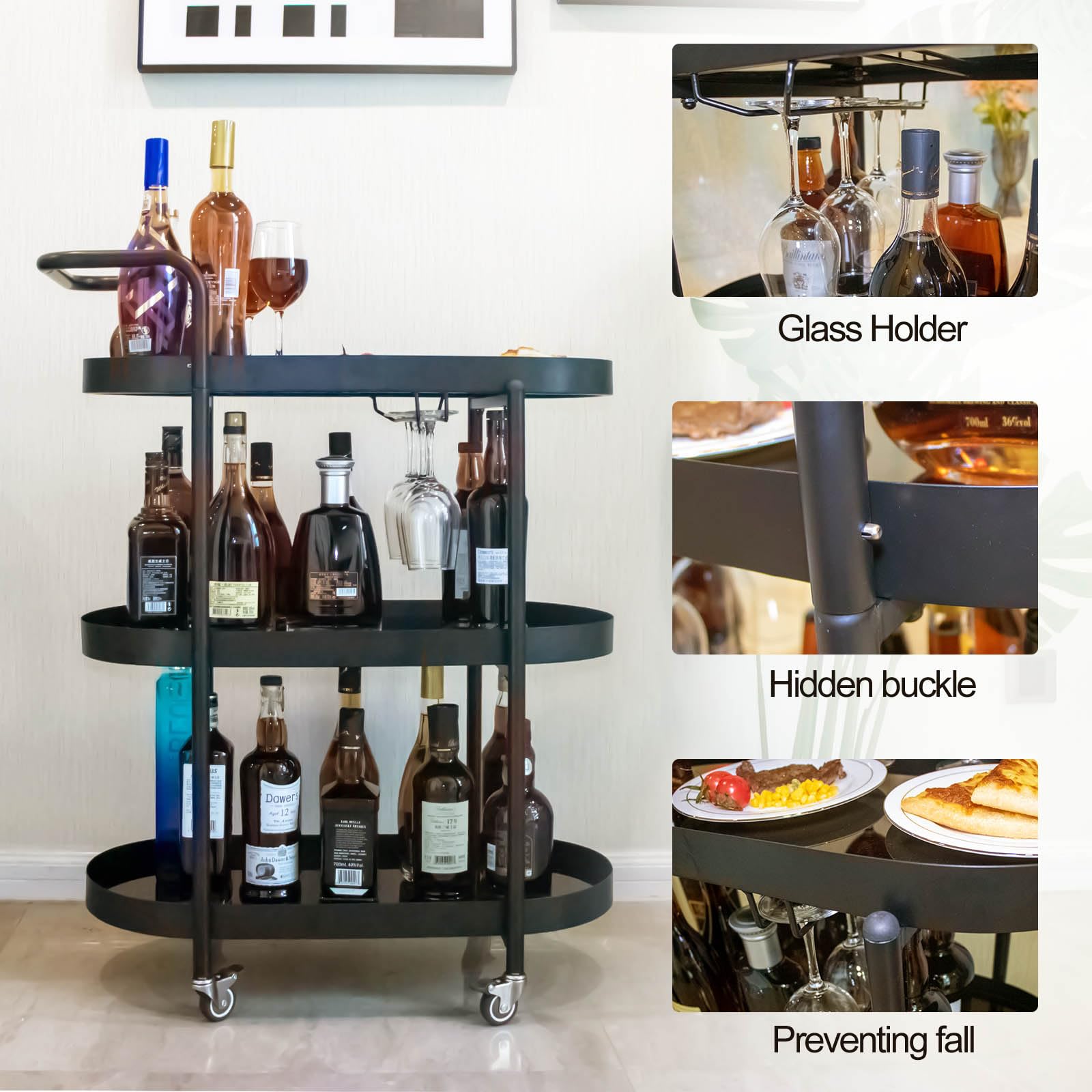 TUTOTAK Barwagen Servierwagen – Mit Weinregal & Glashalter, 82x60x33 Cm, Rustikal Braun/schwarz, Rollend