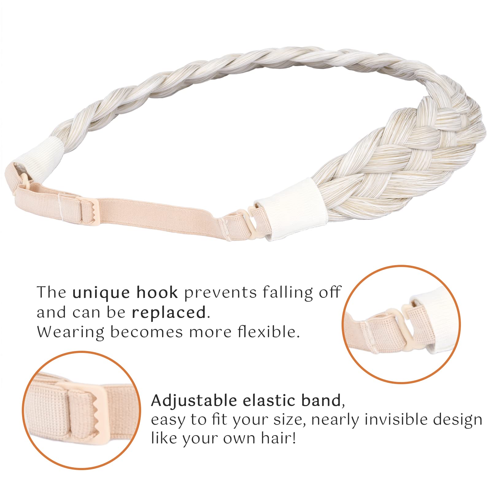 BOBIYA 5 Strand Synthetic Hair Braided Headband Classic Chunky Wide Plaited Braids Elastic Stretch Hairpiece for Women Girl (White Blonde) - Image 4