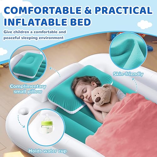 Miniatura 32 de Cama inflable de viaje para niños pequeños, cama portátil de 60 pulgadas para viajes con lados de seguridad, acogedor juego de colchón de aire