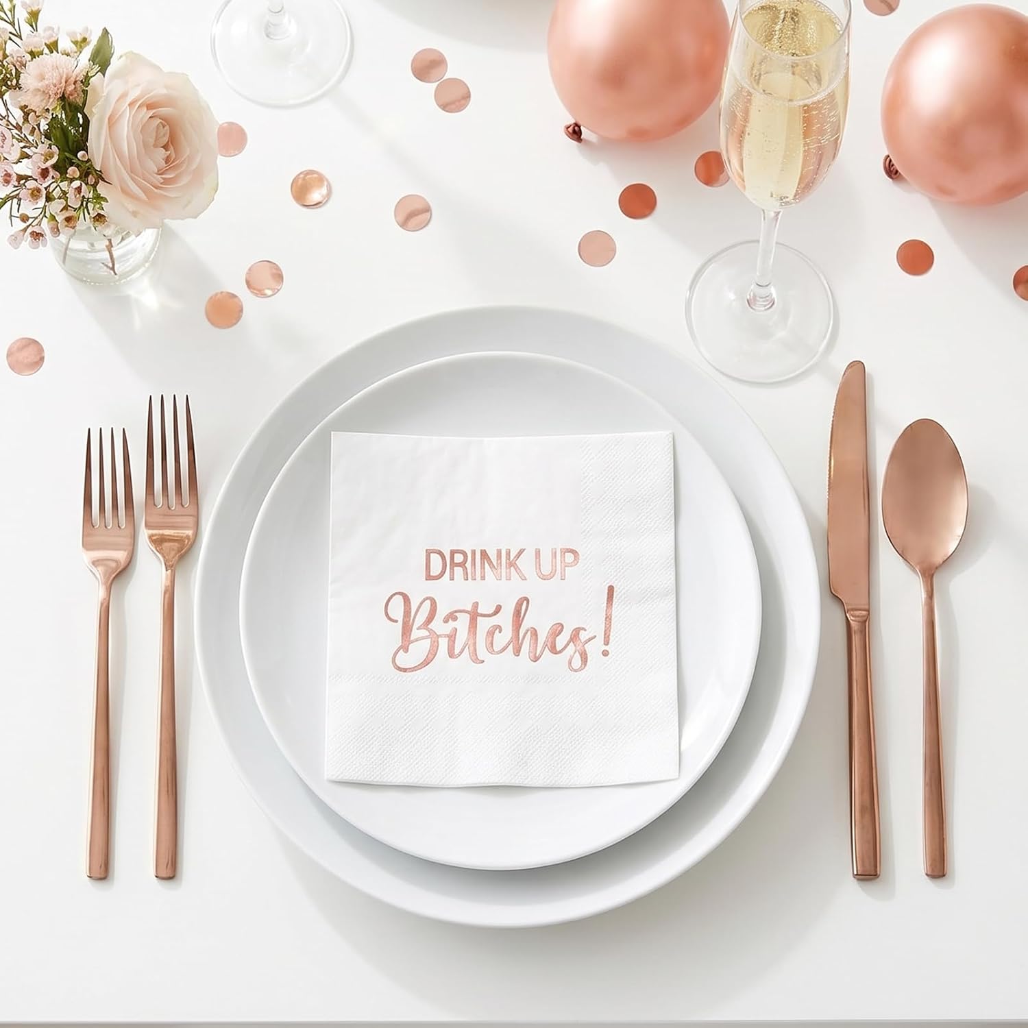 RUSPEPA 50 Pcs Funny Cocktail Napkins, Rose Gold Foil "Drink Up Bitches!" Text Design Disposable Paper Napkins for Bachelorette Party, Girls Night, Birthday, Fun Party Table Decor, 3 Ply, 5 x 5 Inch image 3