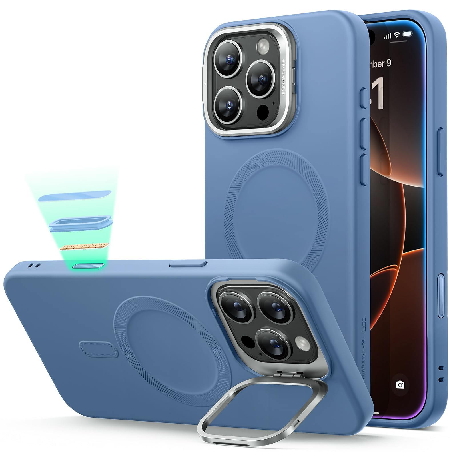 [Built-in Lens Stand, Compatible with Magsafe] ESR iPhone 16 Pro Max Case, Blue