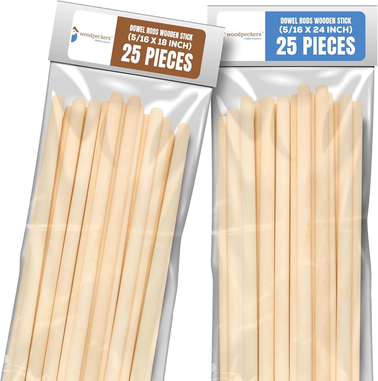 Wooden Dowel Rods - 5/16 x 18 Inch 25 Pieces and Wooden Dowel Rods - 5/16 x 24 Inch 25 Pieces by Woodpeckers