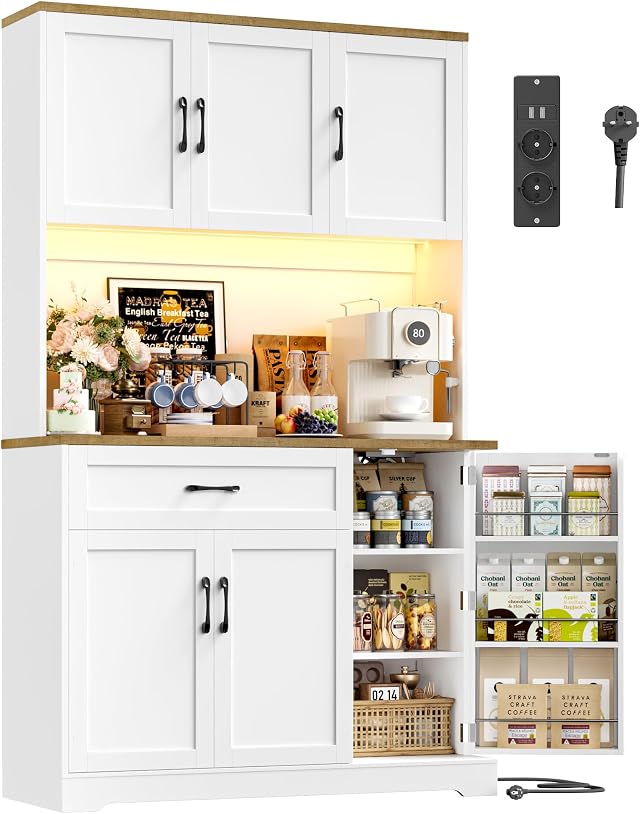 FirFurd Küchenschrank, Buffetschrank mit LED, Gewürzregal, Steckdosenleiste | Küchenschrank 100cm breit mit Arbeitsplatte, Vorratsschrank, Küchenbuffet, Sideboard für Küche, Wohnzimmer, 180x100x38cm weiß