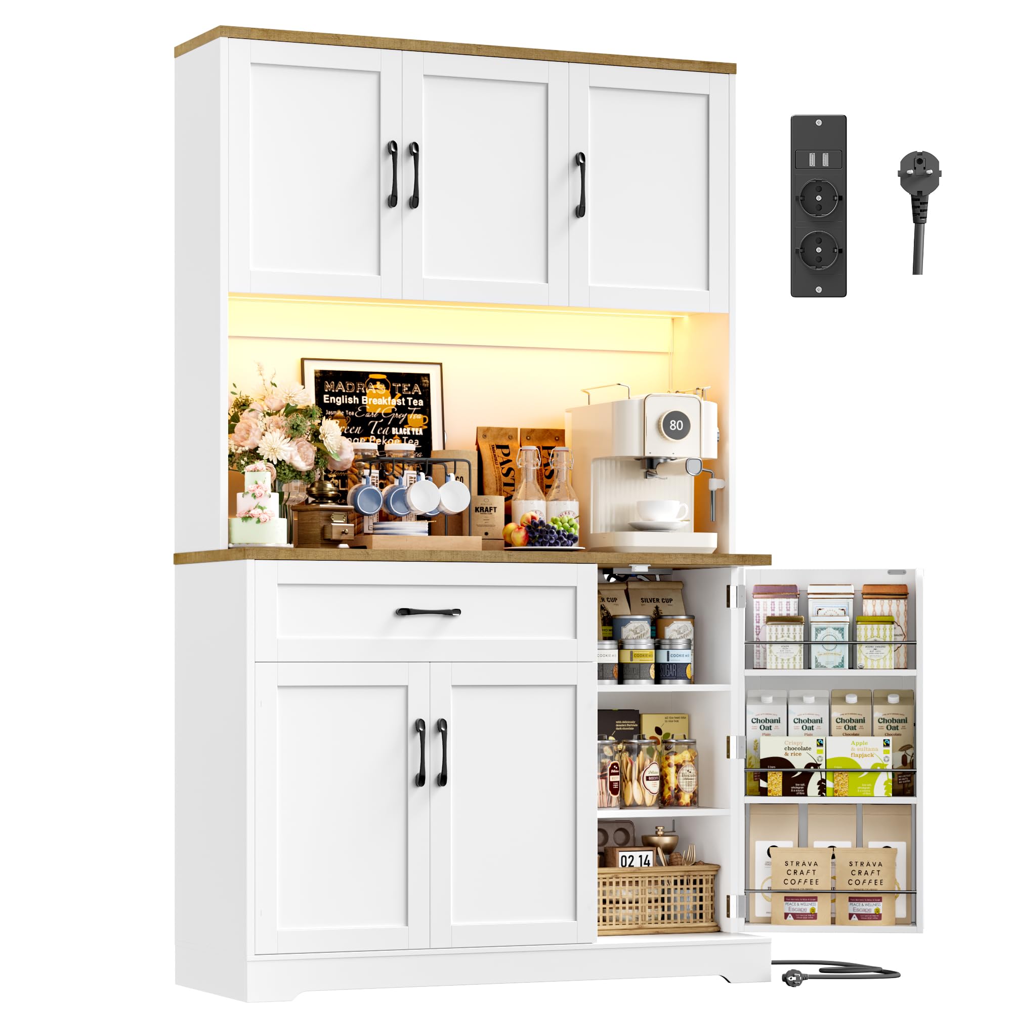 FirFurd 180cm Küchenschrank mit LED & Gewürzregal Buffetschrank Sideboard für Küche mit Steckdosenleiste Küchenschrank mit Arbeitsplatte Küchenbuffet Küchenmöbel 180x100x38cm weiß