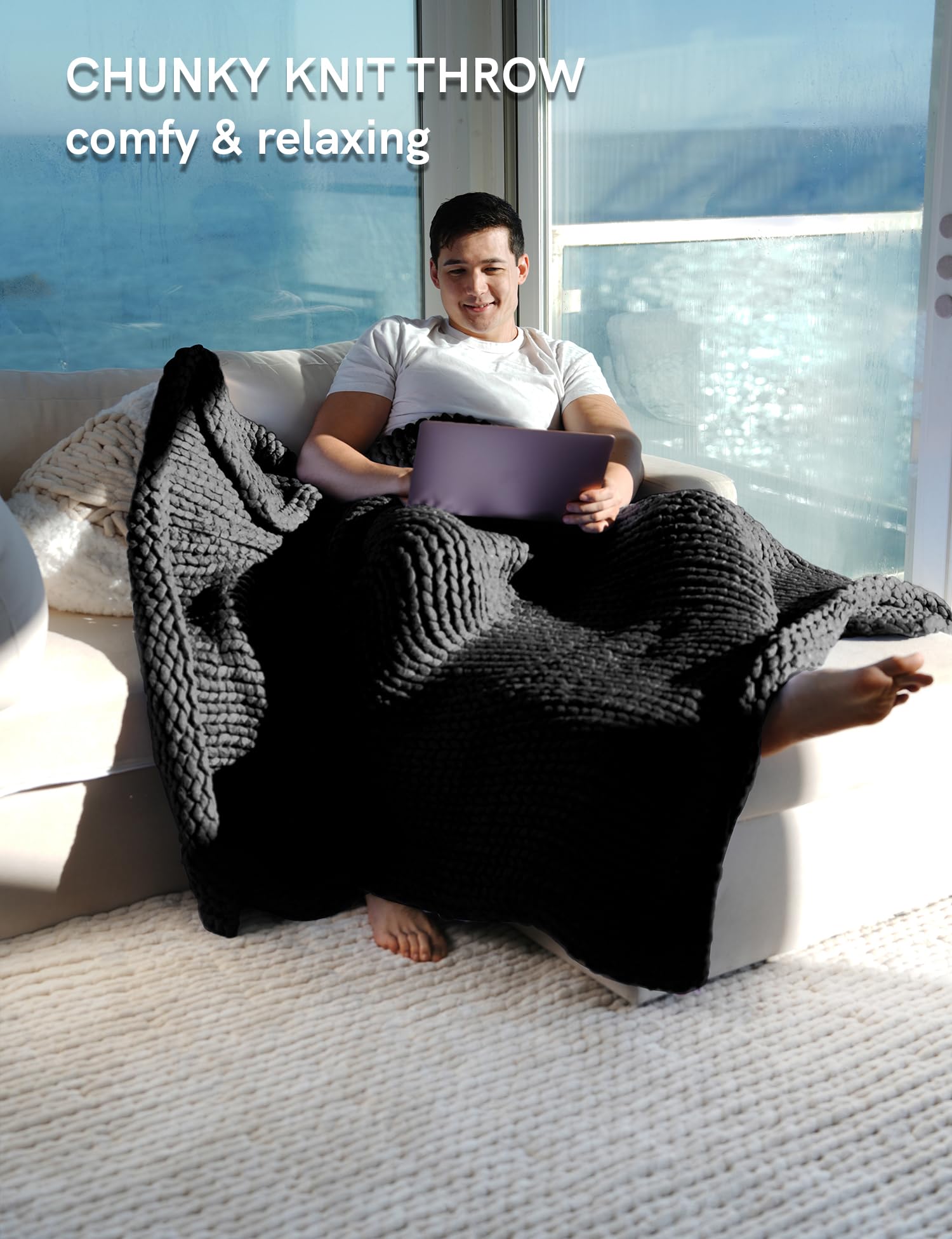YNM Original Hand Knitted Throw Blanket, Black, 100X130 CM - Image 3