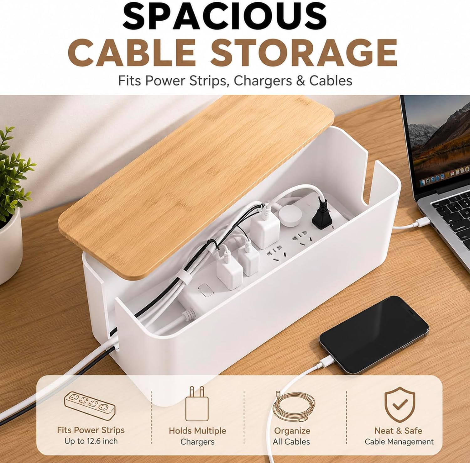 [Set of 2] Large Wood Cover Cable Management Box Set with Cable Sleeve Wire Ties Included to Organize Desk Cord Cables, Hide TV Computer Wires, USB Hub Power Strips to Make Home Office Neat (White) image 3