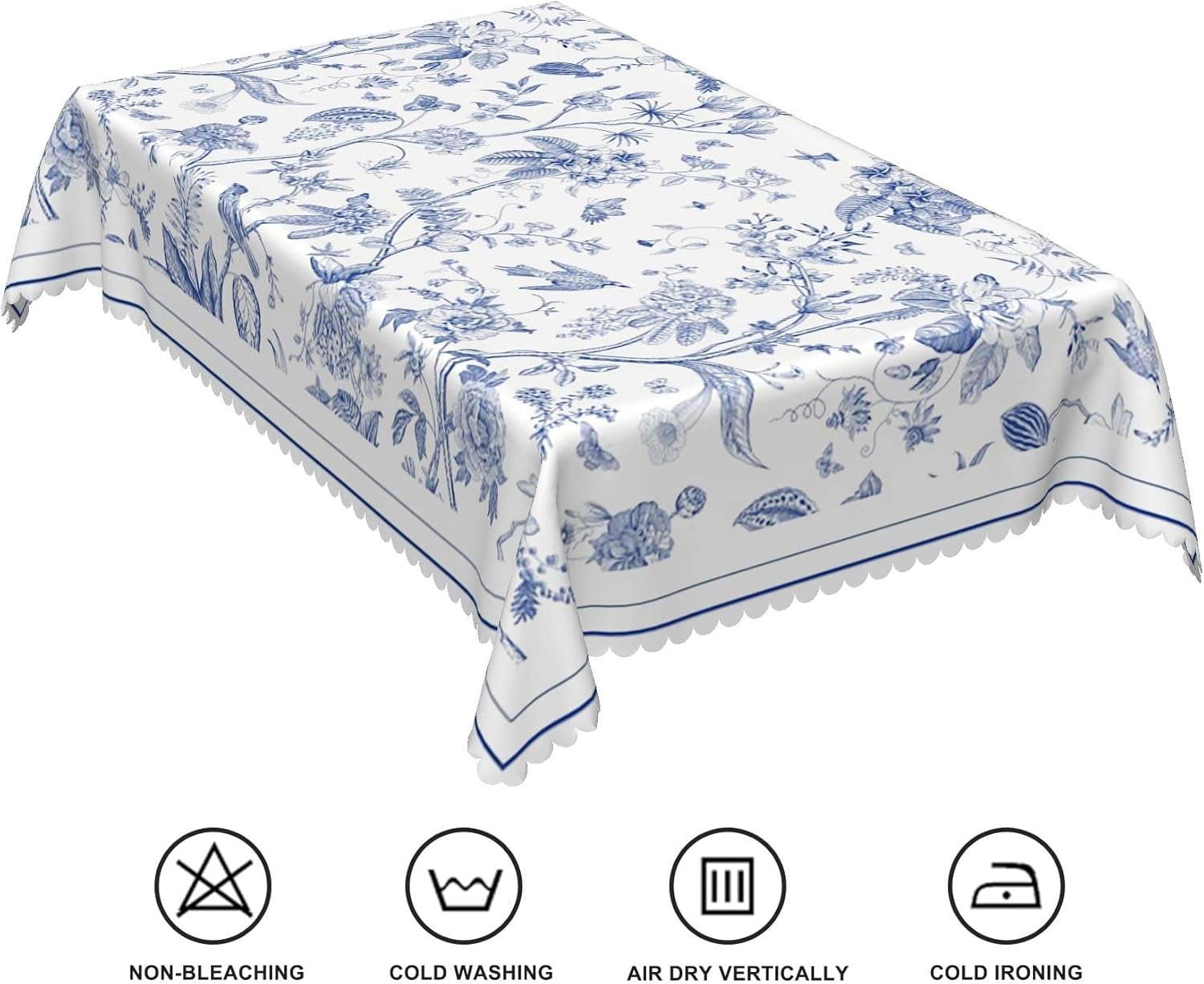 60x84inches Blue Floral Tablecloth Blue and White Flowers Birds Plants Classic French Country Table Cloth Spill Proof and Oil Proof Fabric Table Cover for Kitchen Dining Room Patio Home Decor