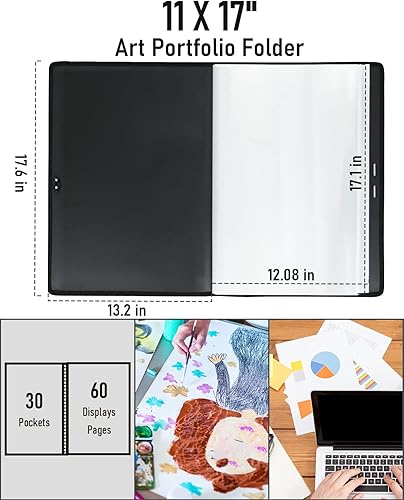 Miniatura 2 de Nicpro Portafolio de arte de 11 x 17 pulgadas, carpeta grande mejorada para obras de arte con 30 bolsillos, 60 páginas, carpeta de libro de