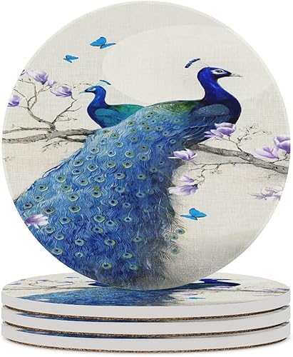 Miniatura 34 de Square-4 posavasos de cerámica de pavo real, posavasos cuadrados absorbentes para bebidas, estilo vintage de acuarela floral, hermosos posavasos