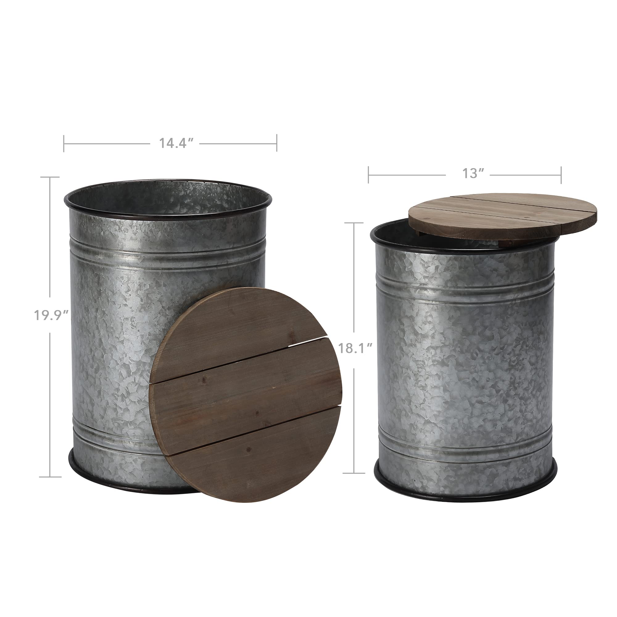 RUSTOWN Farmhouse Accent Side Table, Set of 2 Galvanized Storage Ottoman | Antique Metal Bin with Round Wooden Lid, Accent Side Table, Cocktail Table Nesting Pieces for Living Room, Bedroom, Outdoor