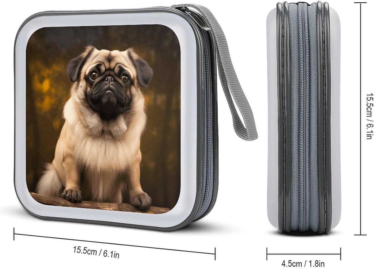 Pug Dog CD Case 40 Capacity DVD Cases for Car Portable CD Boxes Holder with Zipper Protective DVD Box with Handle for Blu Ray Movie Music Audio Disk image 2