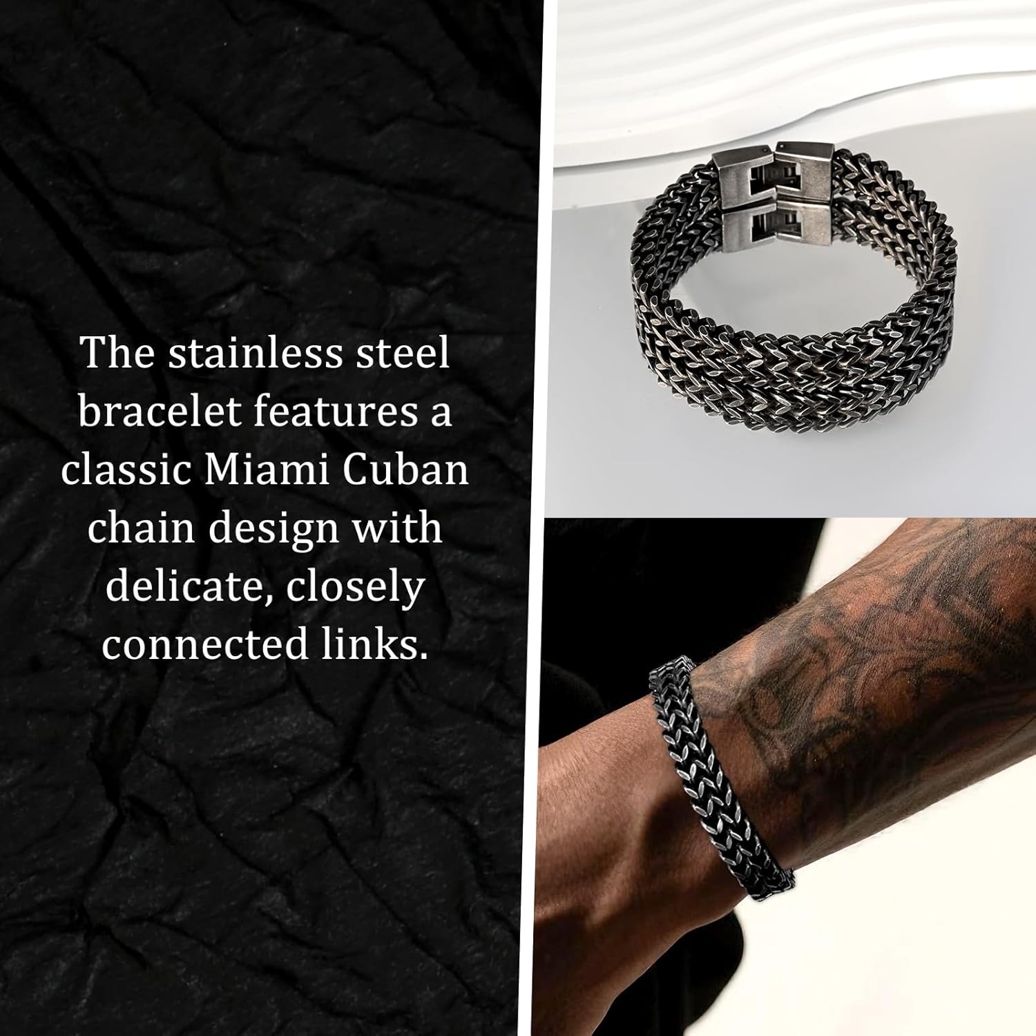 Chunky Stainless Steel Cuban Link Bracelet for Men Black Clasp Franco Chain Bracelet - Image 2