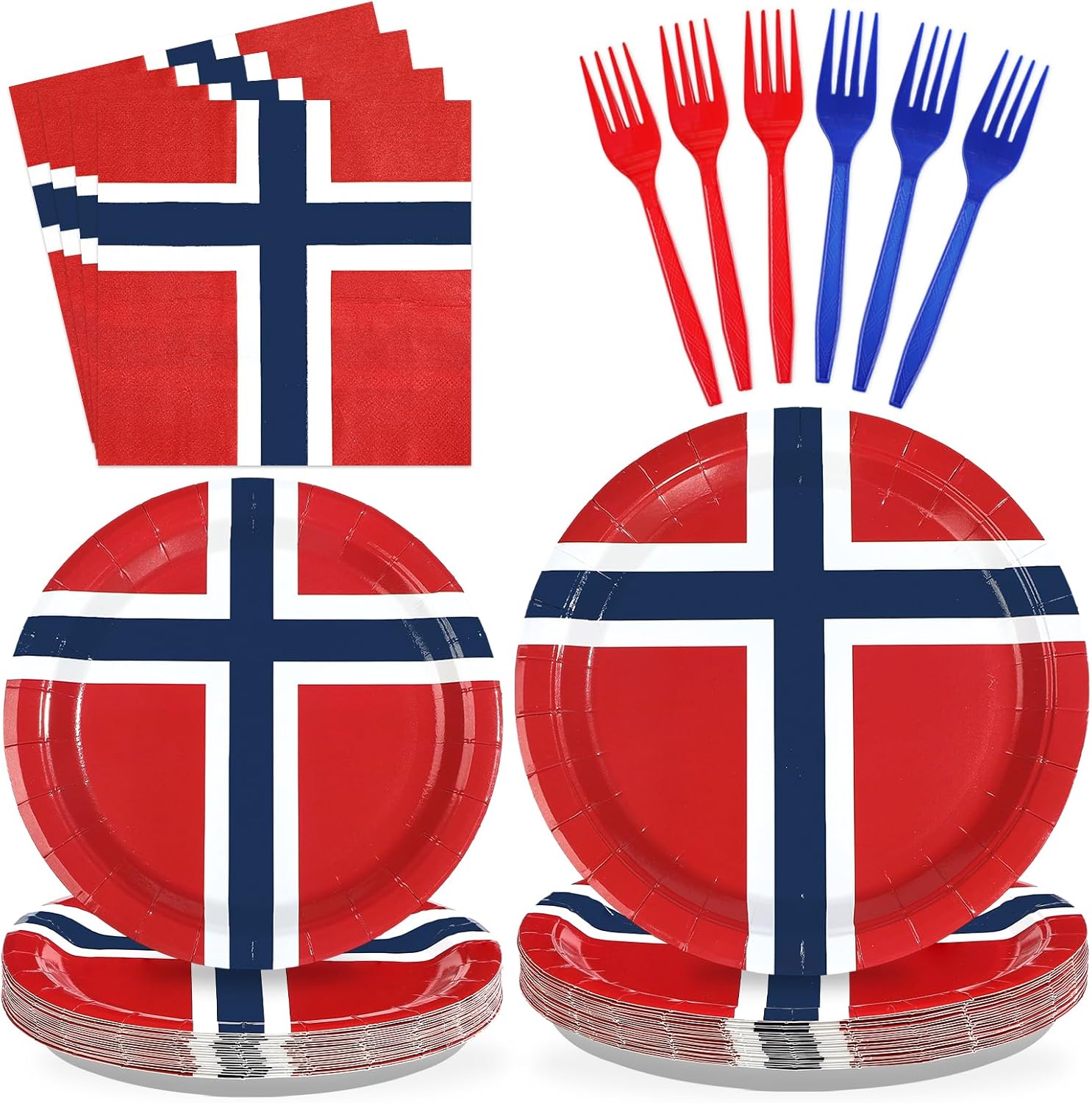 96 Pcs Norway Flag Themed Party Decorations Disposable Norwegian Flag Paper Plates and Napkins Norway National Tableware Set for Country Decoration Patriotic Festival Party Supplies, Serves 24