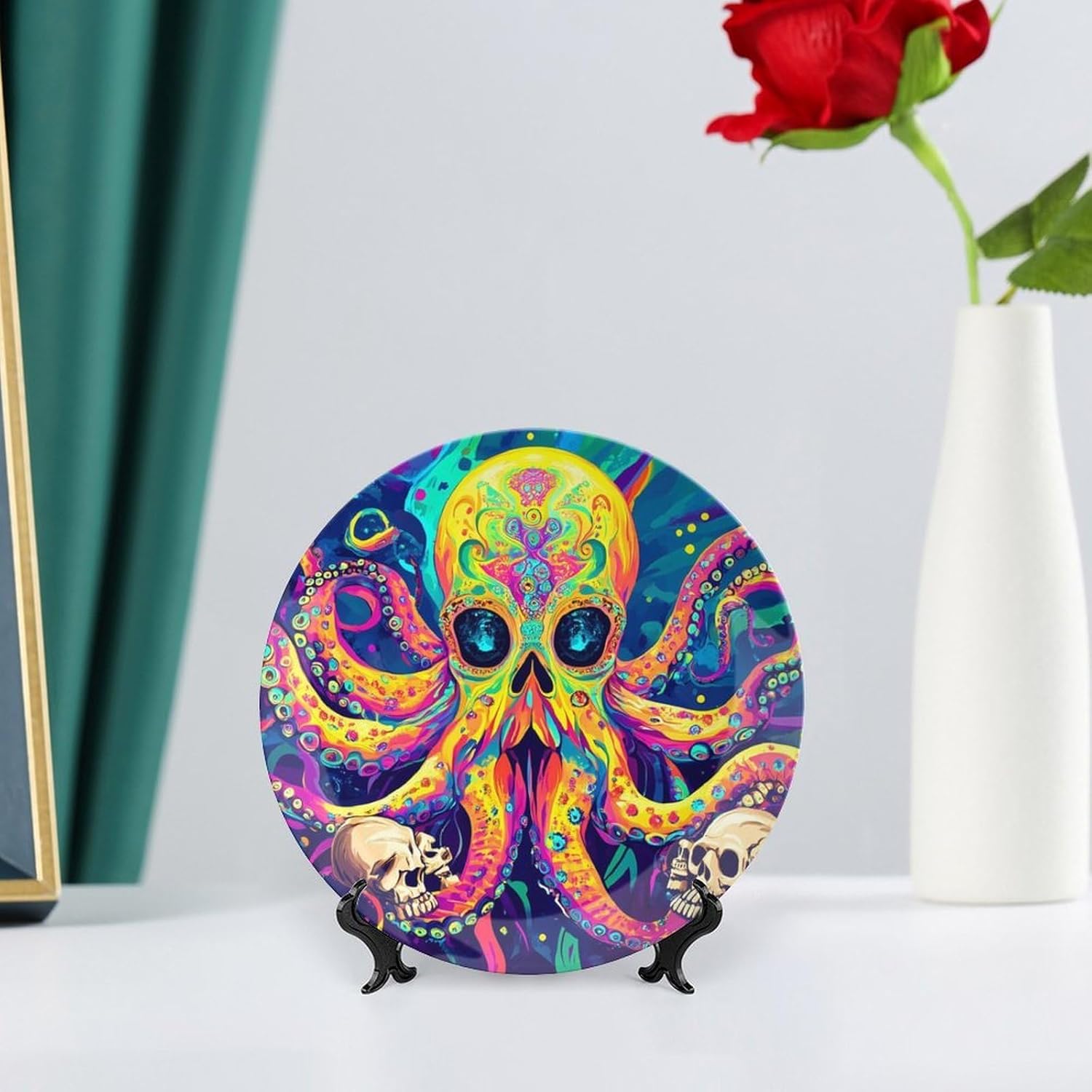 Psychedelic Octopus Skull Colorful Personalized Bone China Plate Ceramic Decorative Dinner Plates Wall Decor with Display Stand 6inch