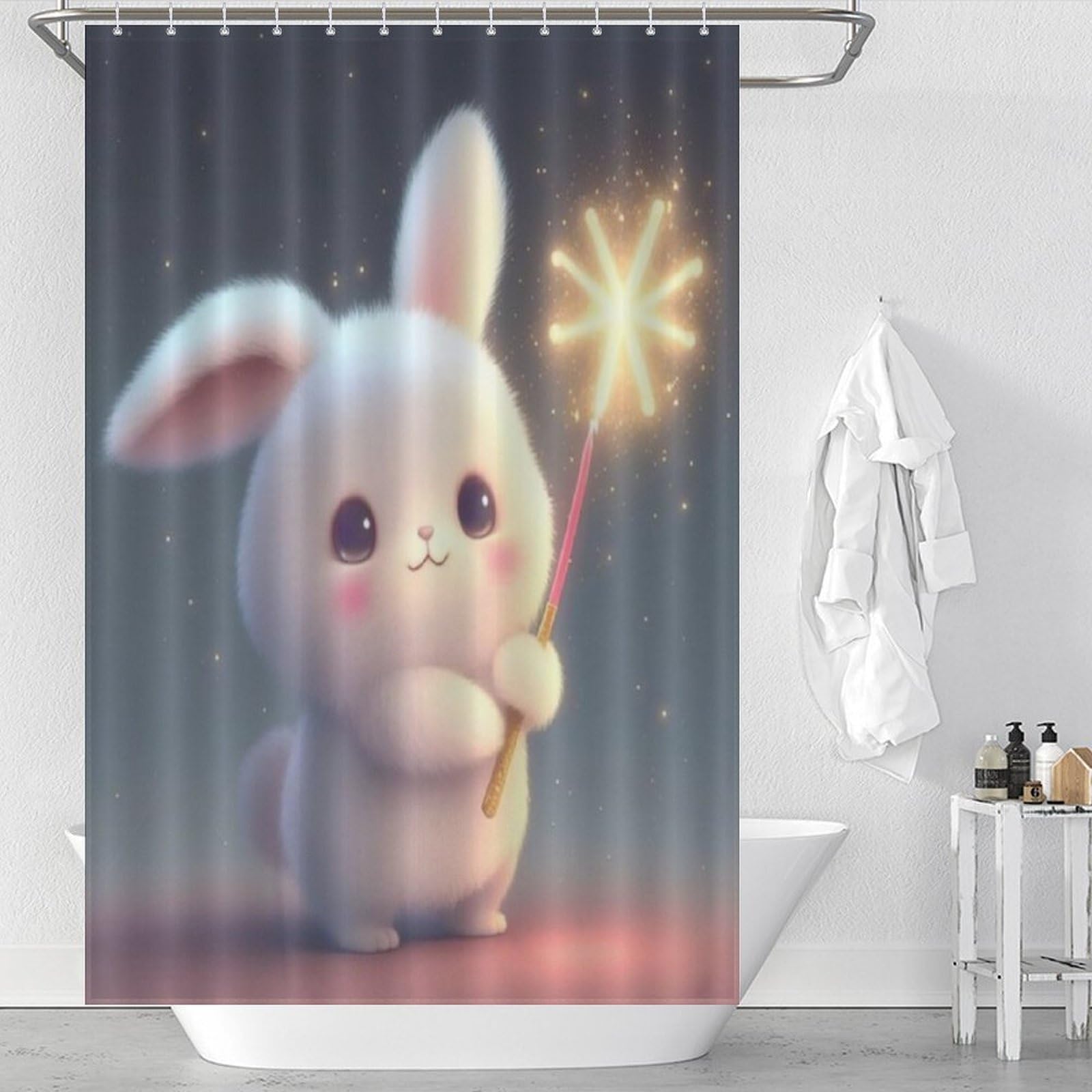 Rideau de douche lapin imperméable en tissu lavable de haute densité 122x183cm