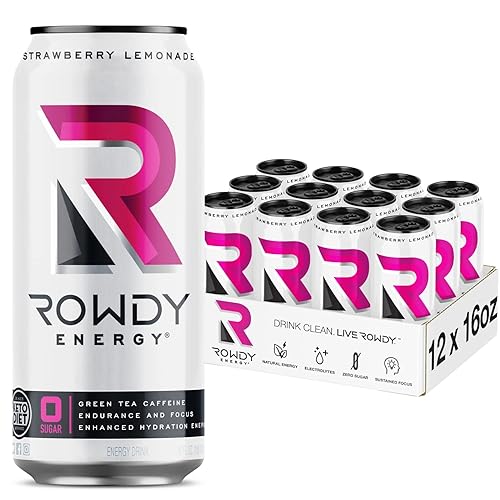 Rowdy Energy Bebida, limonada de fresa, sin azúcar, 16 onzas líquidas, cafeína natural, electrolitos, hidratación, rendimiento de entrenamiento,
