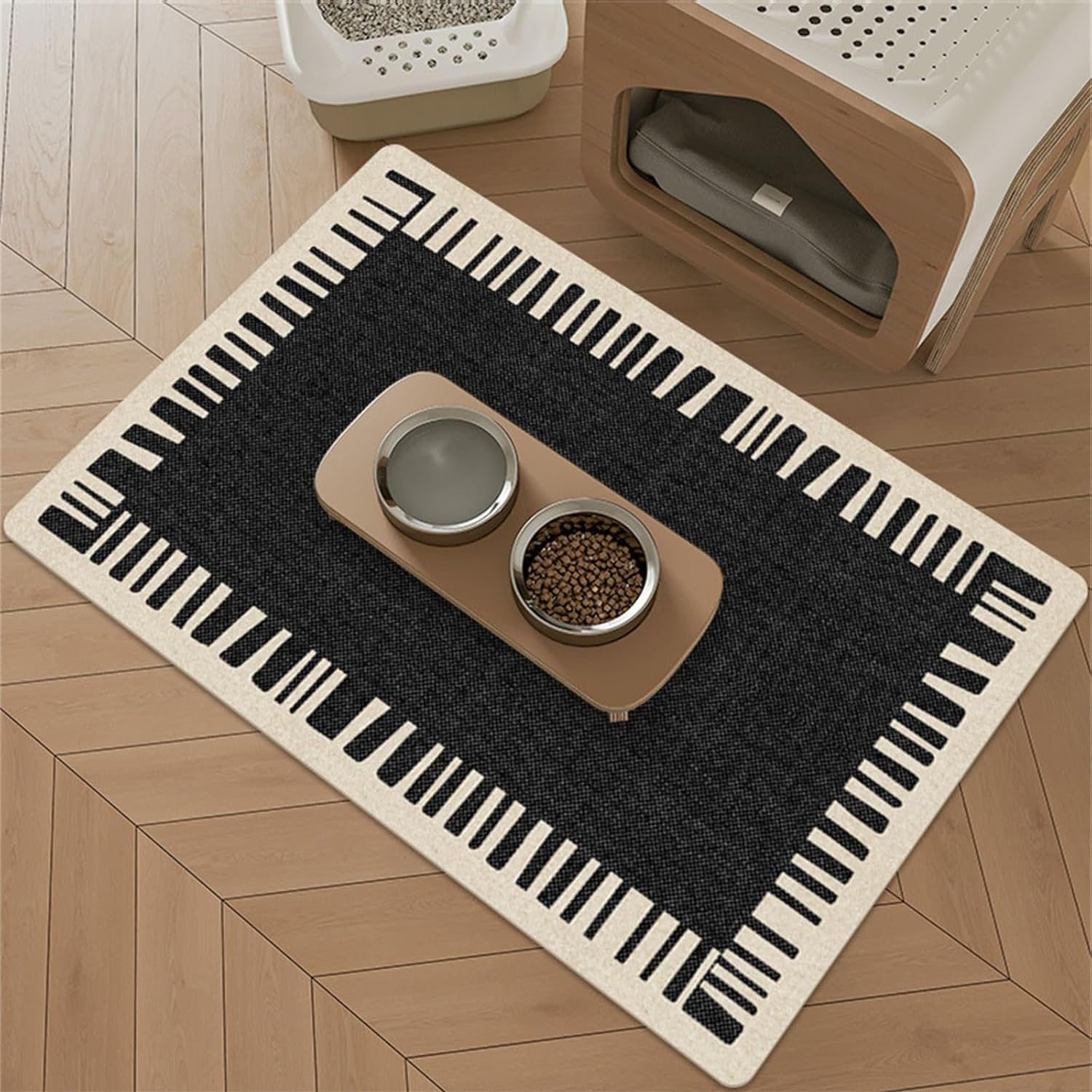 Hearda Dog/Cat Food Mat 40x60cm, Absorbent Pet Food Mat, European Style Non Slip Quick Dry Pet Feeding, No Stains Splash-Proof Diatomite Dog/Cat Bowl Mats Dishwasher Safe - Black
