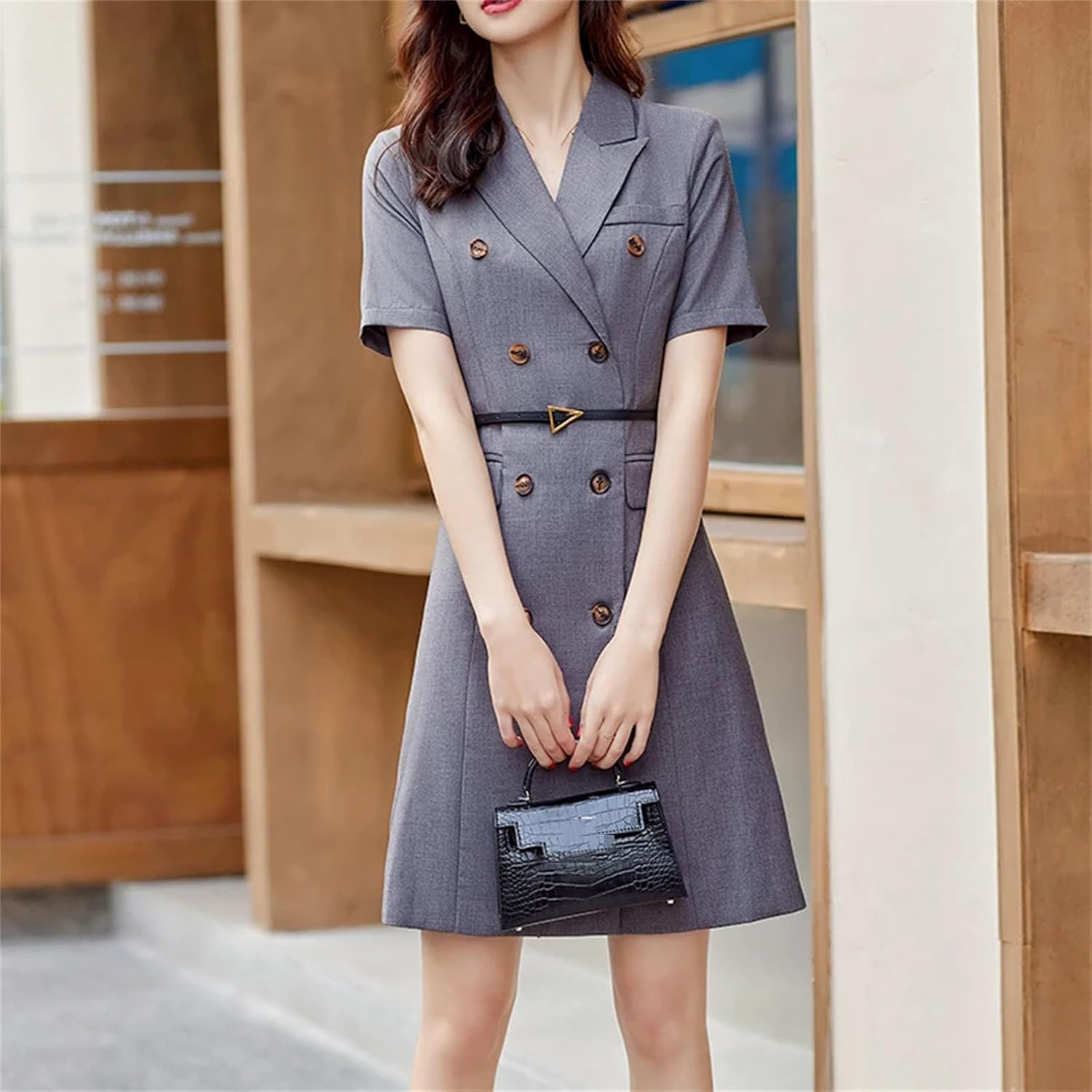 Women's Fashion Short Sleeve Suit Dress Office Dresses Elegant Short Sleeve Office Ladies Work Wear Double Breasted