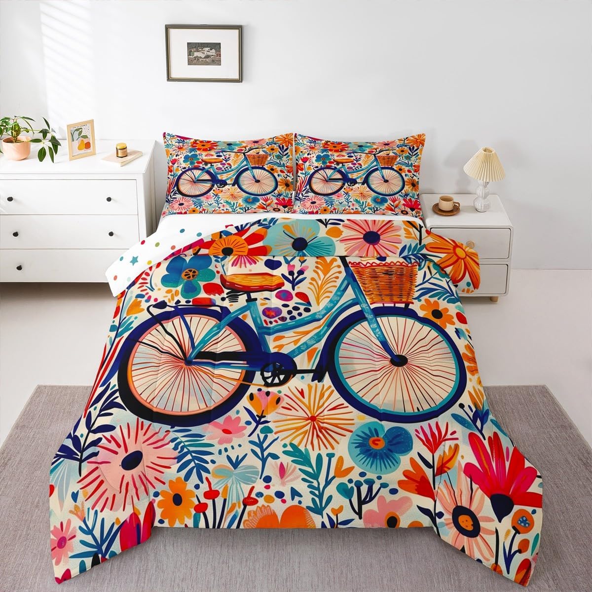 Erosebridal Bicycle Comforter Set Cute Flowers Bedding Set Queen Size,Rustic Groovy Floral Quilt for Kids Boys Girls Adults Romantic Themed Down Comforter