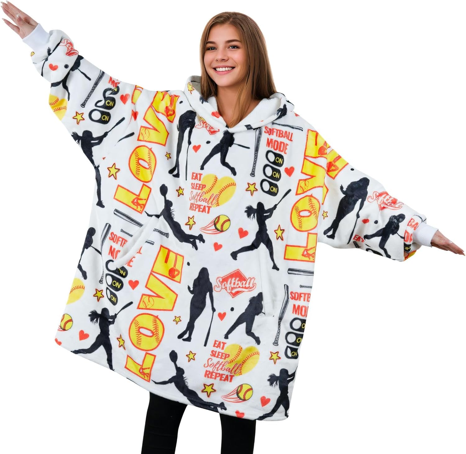 Softball Gifts for Girls, Wearable Blanket Hoodies for Adults, Oversized Flannel Hooded Blankets, Gifts for Birthday, Christmas, and so on, One Size Fits All