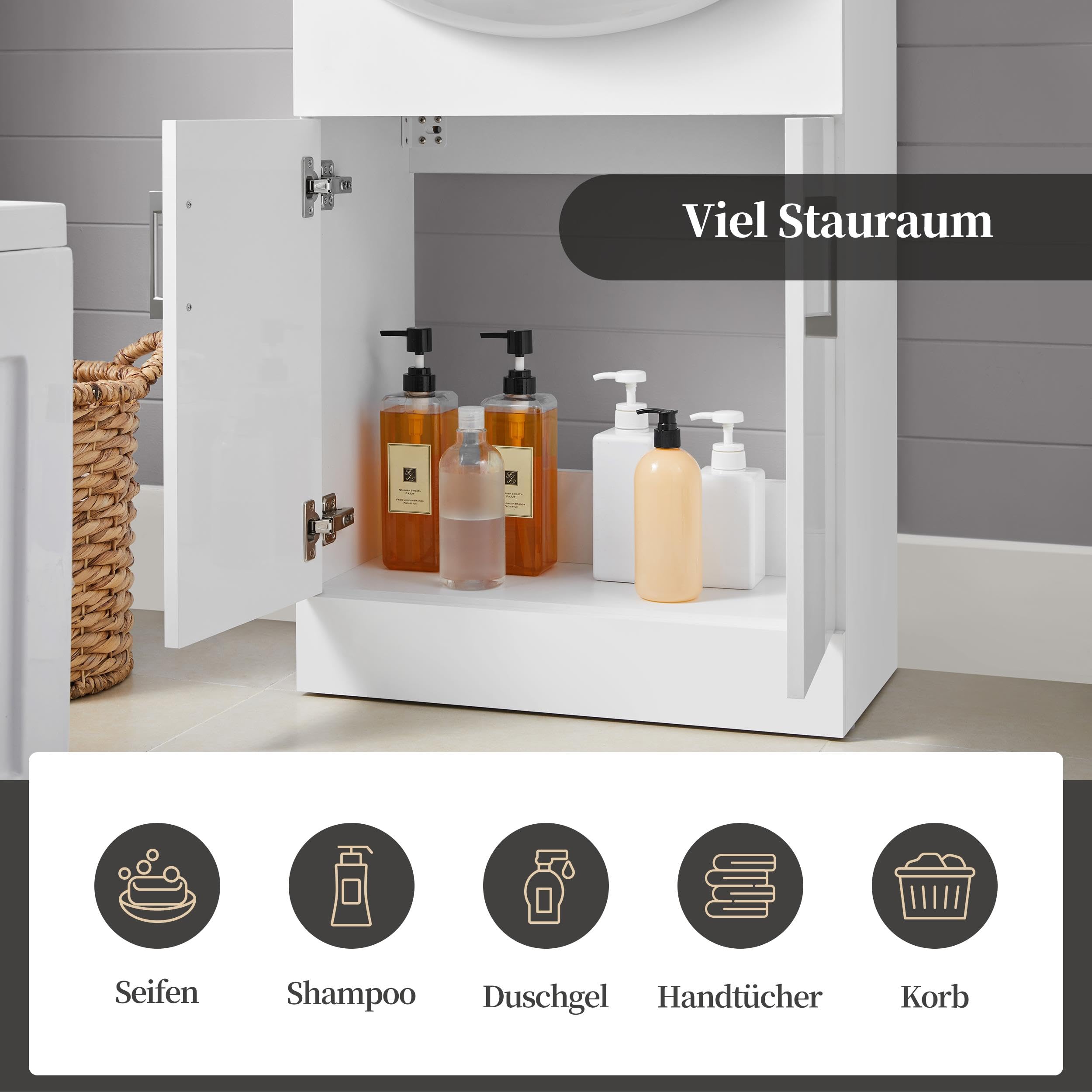 Yaheetech Waschbeckenunterschrank Badezimmerschrank Unterschrank mit Waschbecken Badmöbel 2er Set Badschrank Standschrank mit 2 Türen Waschtischunterbau Keramikbecken Hochglanz, 61 x 43,5 x 84 cm