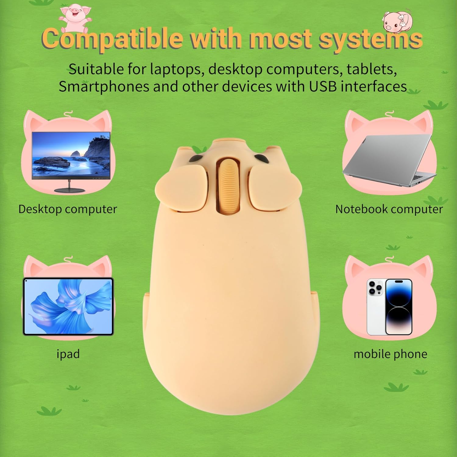 Bluetooth Mouse, 2.4G Mice Cute Cartoon Pig Dual Mode (Bluetooth or 2.4 GHz Receiver) Computer Mouse 1200DPI Silent Clicks Mice for Laptop/Notebook/iPad/PC/Mac/Chromebook Office Home(Yellow)