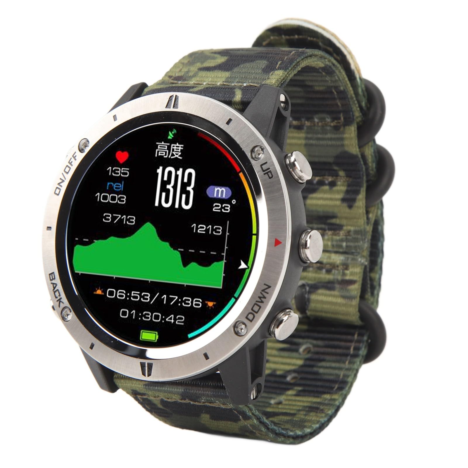 BROLEO Męski smartwatch, 4.0, sterowanie muzyką, pulsometr ze stali nierdzewnej i nylonu, sportowy smartwatch z aplikacją do jazdy na rowerze (kamuflaż)